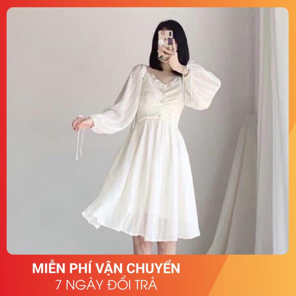 Đầm Trắng Cúc Ngực Cổ V 24AP Nữ [FREESHIP] Váy dúm bánh bèo dài tay bồng tiểu thư form rộng đẹp Ulzzang | BigBuy360 - bigbuy360.vn