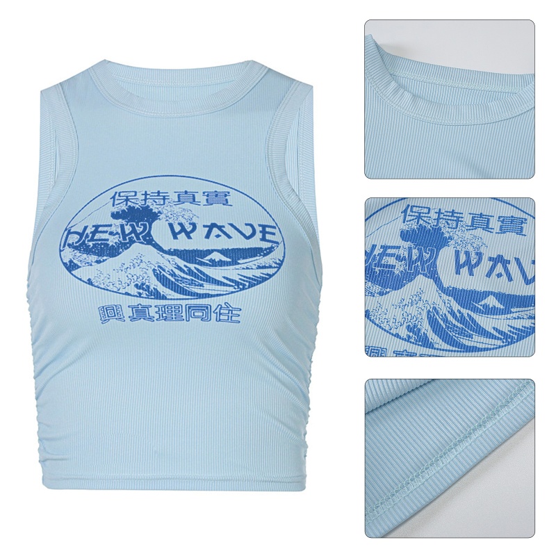 Brroa Áo Crop Top Dệt Kim Không Tay Dáng Ôm In Nhân Vật Hoạt Hình Trung Hoa Có Gân Cho Nữ Aesth