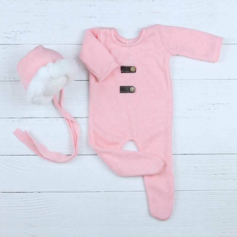 Bộ 2 Món Gồm Áo Liền Quần Dệt Kim + Mũ Beanie Dễ Thương Làm Phụ Kiện Chụp Ảnh Cho Bé Sơ Sinh