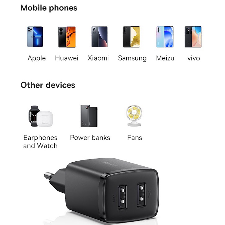 Cốc sạc 2 cổng mini Baseus CCCP10UC 10.5W Compact Charger - tích hợp chip ngắt khi quá tải (màu ngẫu nhiên)phụ kiện 1986