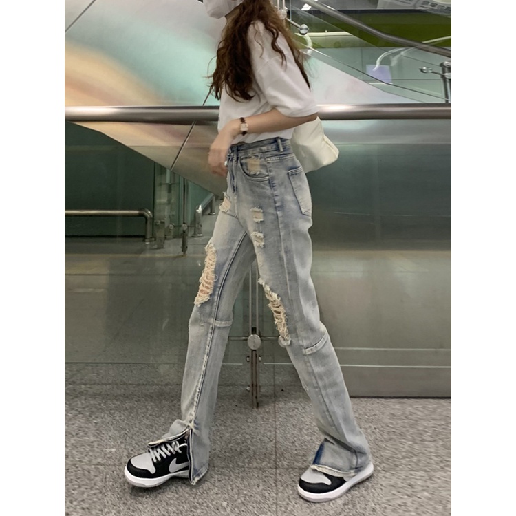 Quần jeans Nữ Dài Lưng Cao Mài Rách Thời Trang Hàn