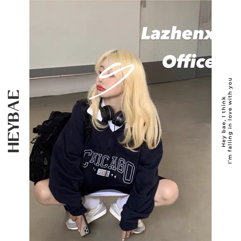 Áo sweater nỉ chui đầu oversize Chicago HEYBAE cổ bẻ khoá kéo dài tay dáng rộng vintage màu navy cho nữ AK004 | BigBuy360 - bigbuy360.vn