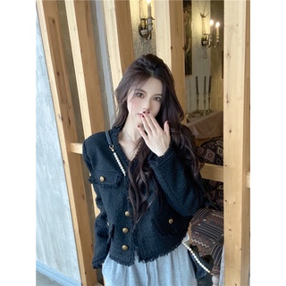 Áo dạ tweed đen cổ V (ORDER)