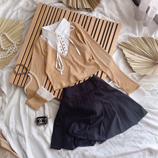 Set váy áo cổ sơ mi đan dây
