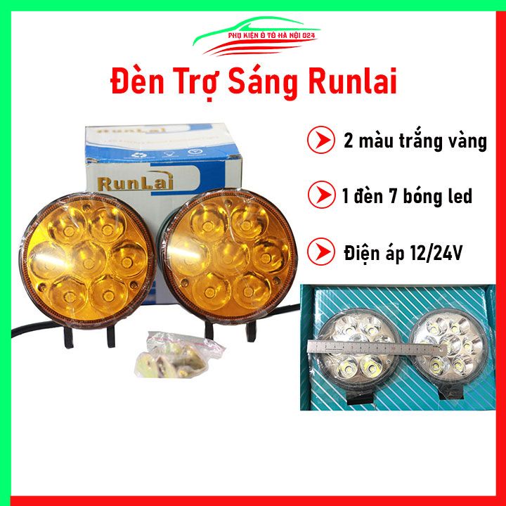 Bộ 2 đèn trợ sáng runlai 7 mắt tròn 11cm cho xe máy ô tô máy xúc máy công trình dùng điện 12/24V