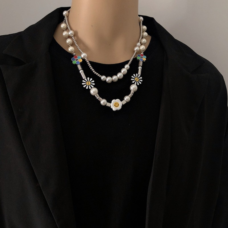 vòng cổ Mặt Hình Hoa Cúc Đính Ngọc Trai Phong Cách Hip Hop