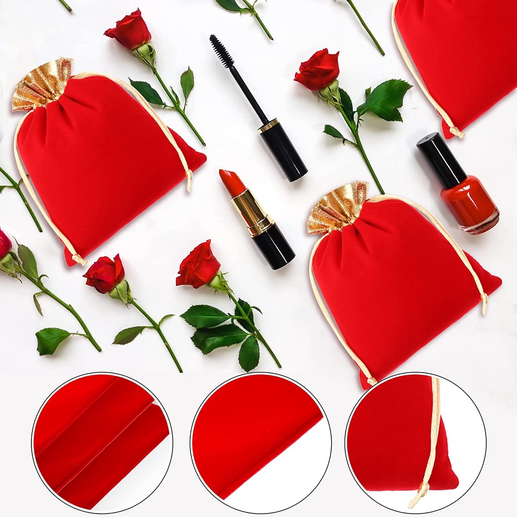 Túi dây rút 10x12cm màu đỏ chất liệu nhung phong cách Trung Hoa cho năm mới