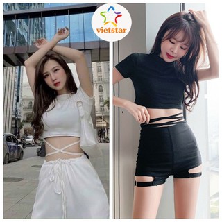 Áo croptop dây eo nữ ôm VIETSTAR áo crt ngắn tay hở rốn chất bozip thời trang