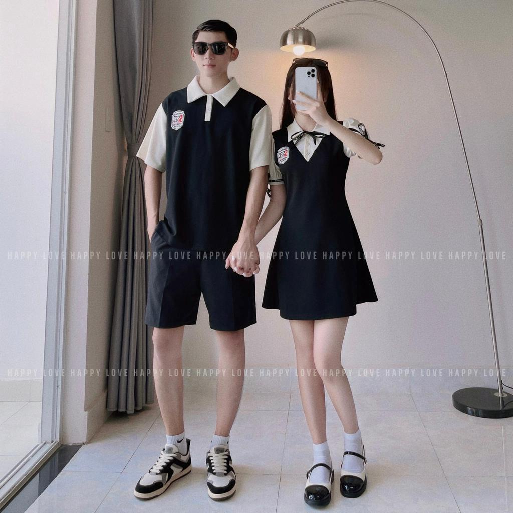 Đồ đôi nam nữ couple set áo váy polo màu đen logo thêu phong cách hàn quốc HAPPYLOVE H86