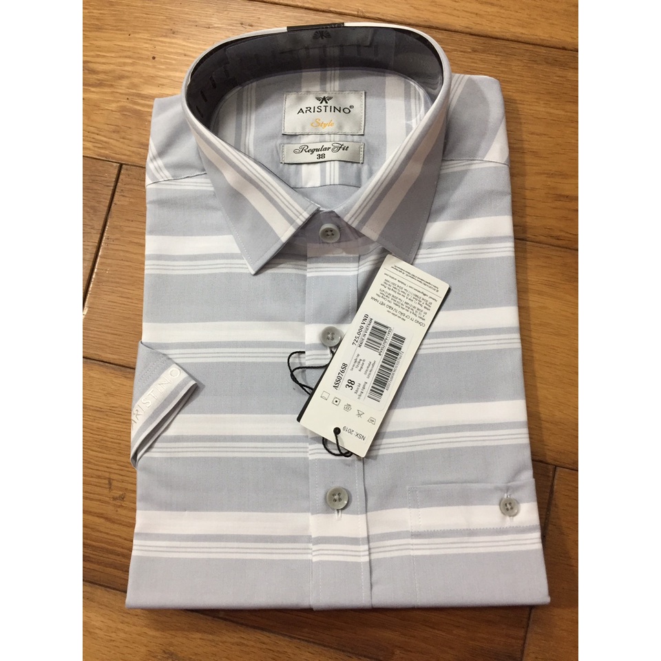 Áo sơ mi nam ngắn tay ARISTINO ASS076S8 xám kẻ trắng ngang, chất modal sợi sồi, tà bằng, dáng reguler fit