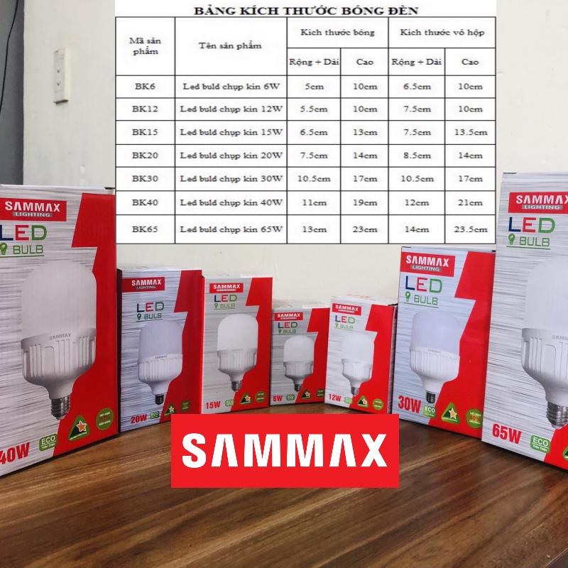 Bóng đèn led trụ tròn Sammax công suất 6W, 12W, 15W, 20W, 30W, 40W, 65W không chói mắt, tiết kiệm 80% điện năng