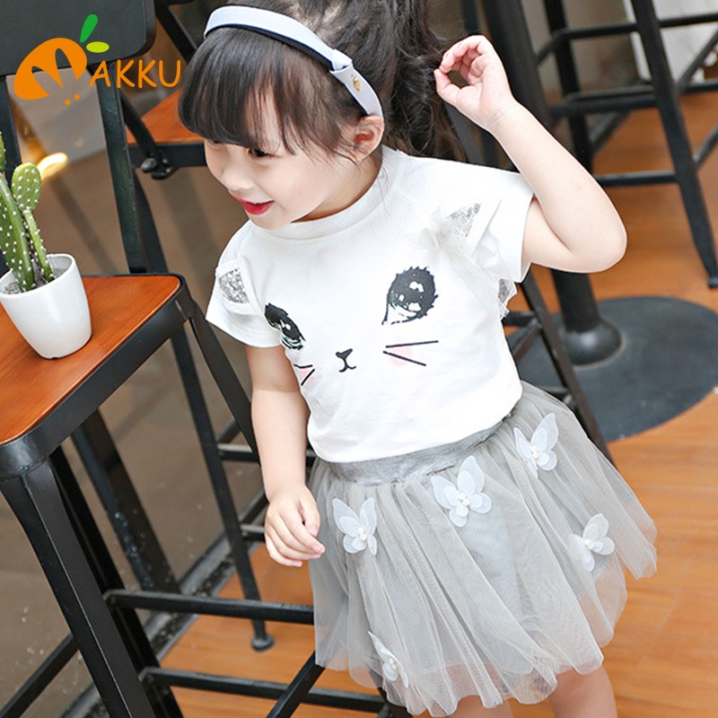 Set Áo Thun Tay Ngắn In Hình Hoạt Hình &amp; Chân Váy Lưới Cho Bé Gái