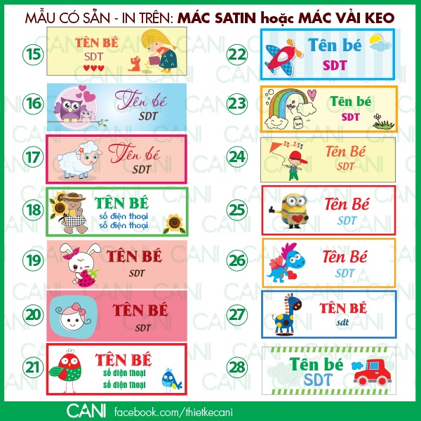MÁC SATIN CHO BÉ 1 gói gồm 25c hoặc 50c Phù hiệu In theo thông tin riêng Mác quần áo cho bé CANI