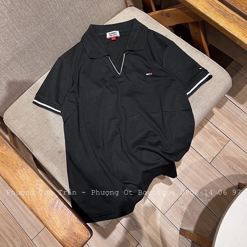 Áo polo nữ cỗ V đen trắng , áo cá xấu thêu chấy polo chuẩn form dáng cận chất