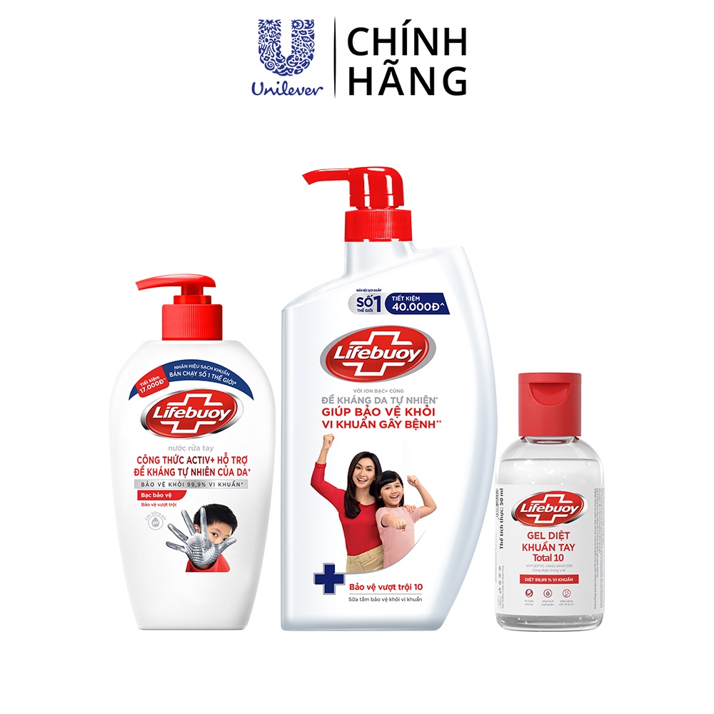 Combo Kháng Khuẩn: Nước rửa tay Lifebuoy 500g, Sữa tắm Lifebouy 800g-Bảo vệ vượt trội, Gel diệt khuẩn Lifebuoy 50ml