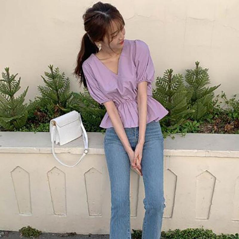 Áo kiểu tay ngắn cổ chữ V thời trang Hàn Quốc dành cho nữ