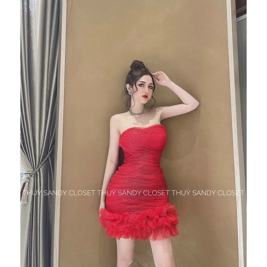 Đầm váy body bèo lai cúp ngực phối kim tuyến đa dạng màu sắc (Đỏ, Da, Hồng,Trắng) thích hợp cho nàng dạo phố, dự tiệc