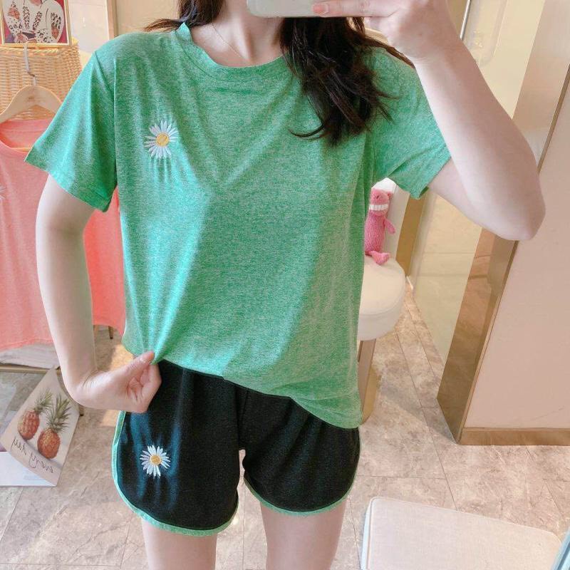 BỘ COTTON HOA CÚC QUẦN ĐÙI SỌC VIỀN 3 MÀU ULZZANG - BỘ THUN NGỦ HOA CÚC HỒNG XÁM XANH