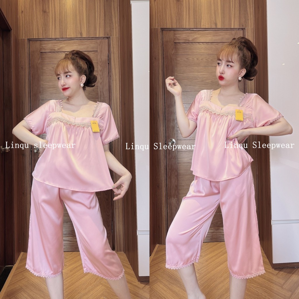 Đồ bộ pijama quần lửng, Bộ mặc nhà nữ chất latin mềm mát Freesize &lt;60kg - Linqu Store