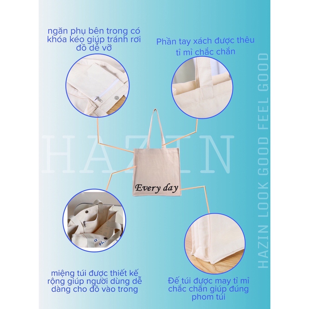 Túi tote HAZIN vải canvas ulzzang unisex in chữ Every có cúc bấm miệng ngăn phụ đi học đi chơi đựng vừa khổ a4