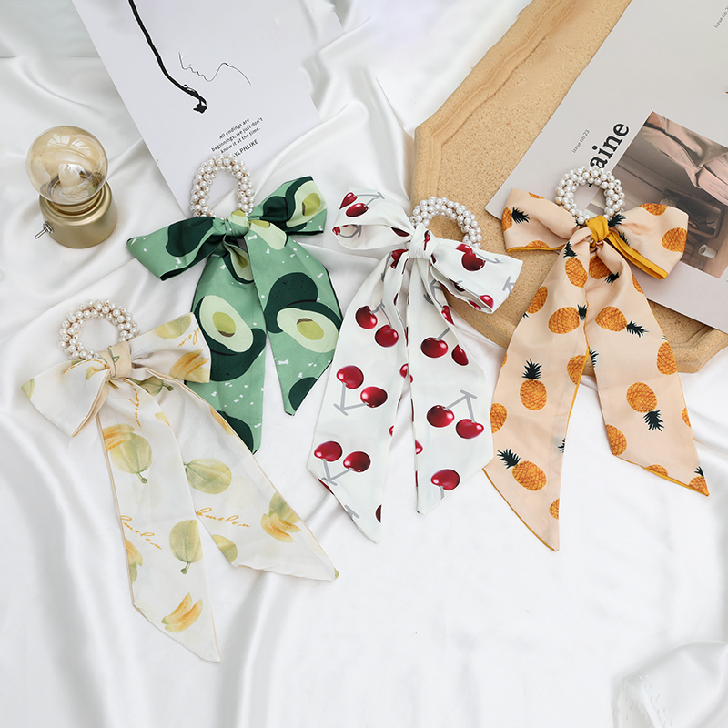 Dây Cột Tóc Ruy Băng Đính Ngọc Trai Hình Trái Cây Phong Cách Hàn Quốc Cho Nữ