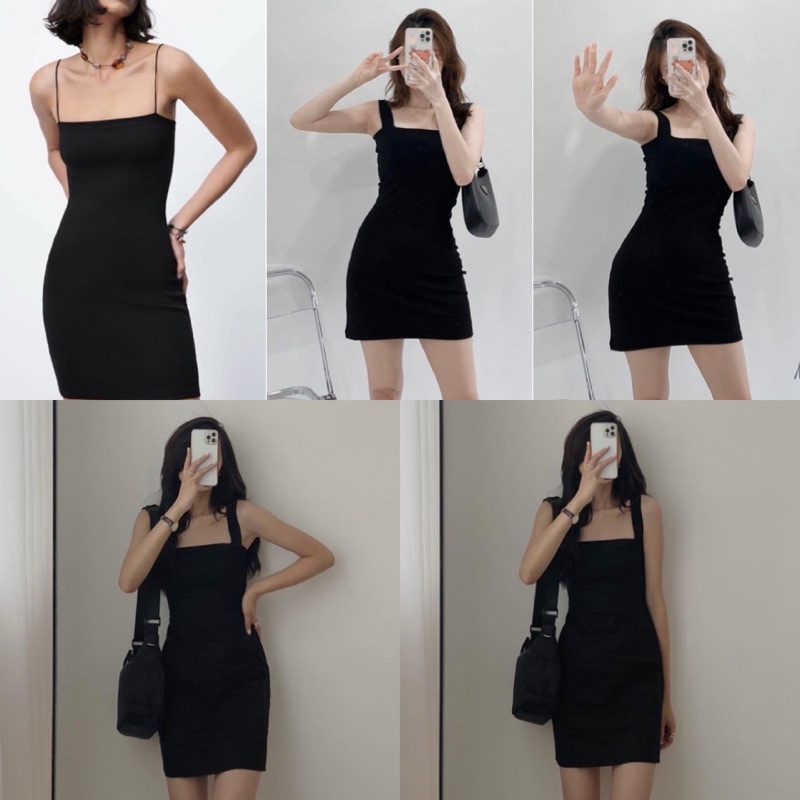 Đầm Đen Trơn ôm body dây bản ro và bản nhỏ form chuẩn basic tôn dáng dễ mix và phối đồ phong cách hàn quốc