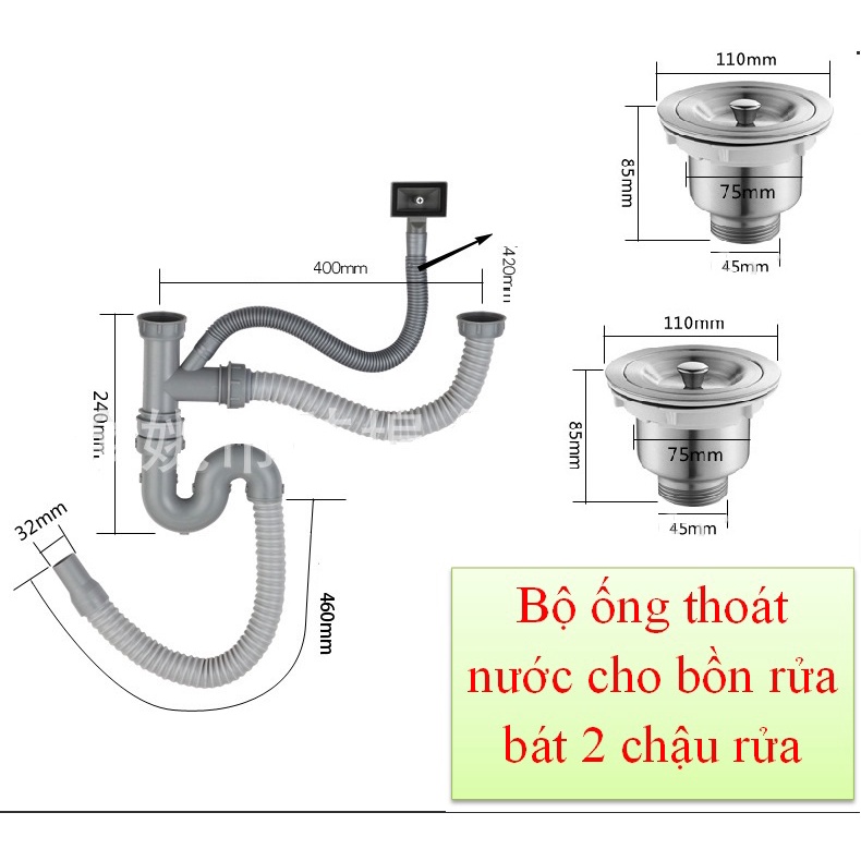 Bộ Xi phông thoát nước dành cho chậu rửa bát dành cho chậu 2 hố - Inox 304 siêu bền- Gồm đầy đủ phụ kiện
