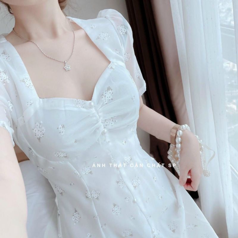 Đầm midi nữ hoa trắng nhíu ngực đính hạt Sunny Dress