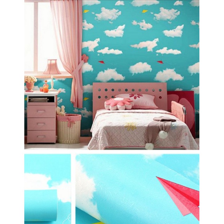 Cuộn 10m giấy dán tường mây trời xanh ngọc khổ rộng 45cm