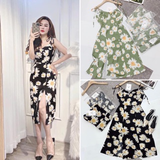 V753 váy hoa cúc bản to , đầm 2 dây xẻ vạt có mút ngực sang chảnh