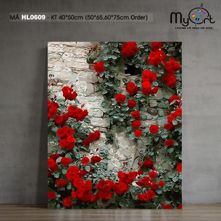 Tranh tô màu theo số HL0609 Tranh sơn dầu số hóa tự tô màu hoa cỏ hoa hồng leo đỏ