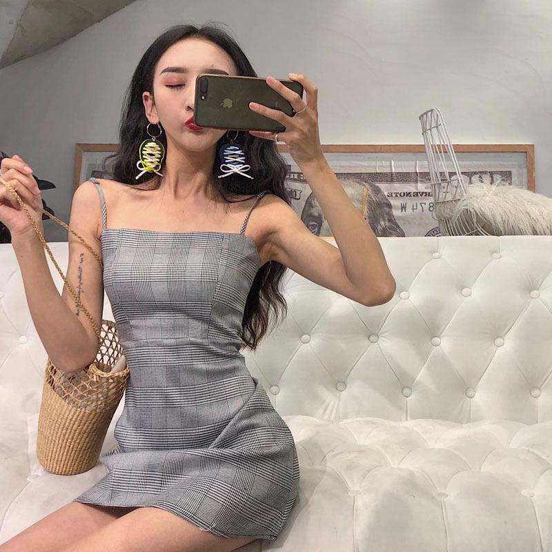 Đầm hai dây eo cao kẻ sọc kiểu retro hồng kông xinh xắn cho nữ