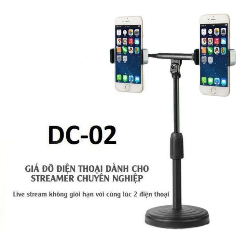 Giá đỡ livestream 2 điện thoại có đèn siêu chắc