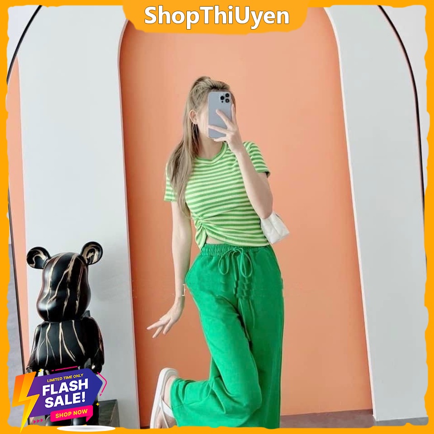 Set áo thun kẻ sọc tay ngắn rút dây hông, set quần ống rộng nhiều màu dễ thương, set tiểu thư vải thun mặc đi chơi