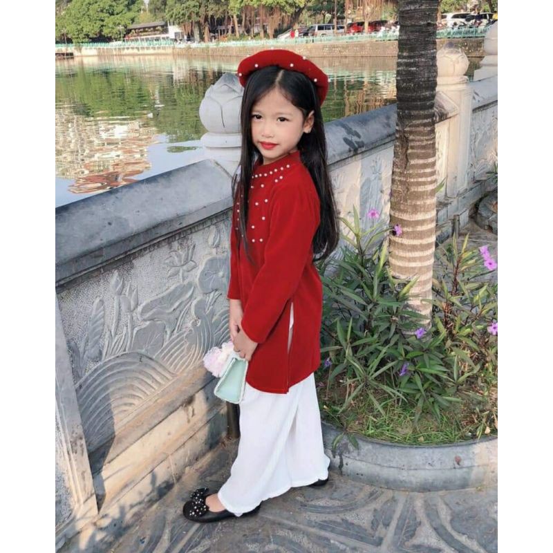 Sét cặp Áo dài nhung đỏ/ Áo dài Cách Tân cho bé trai bé gái