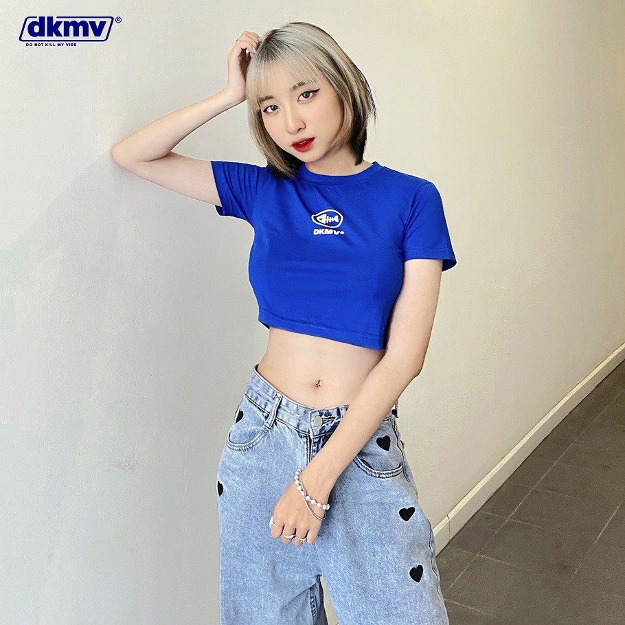 Áo croptop nữ ôm tay ngắn màu xanh DKMV - Croptop ôm ngắn tay Blue Basic