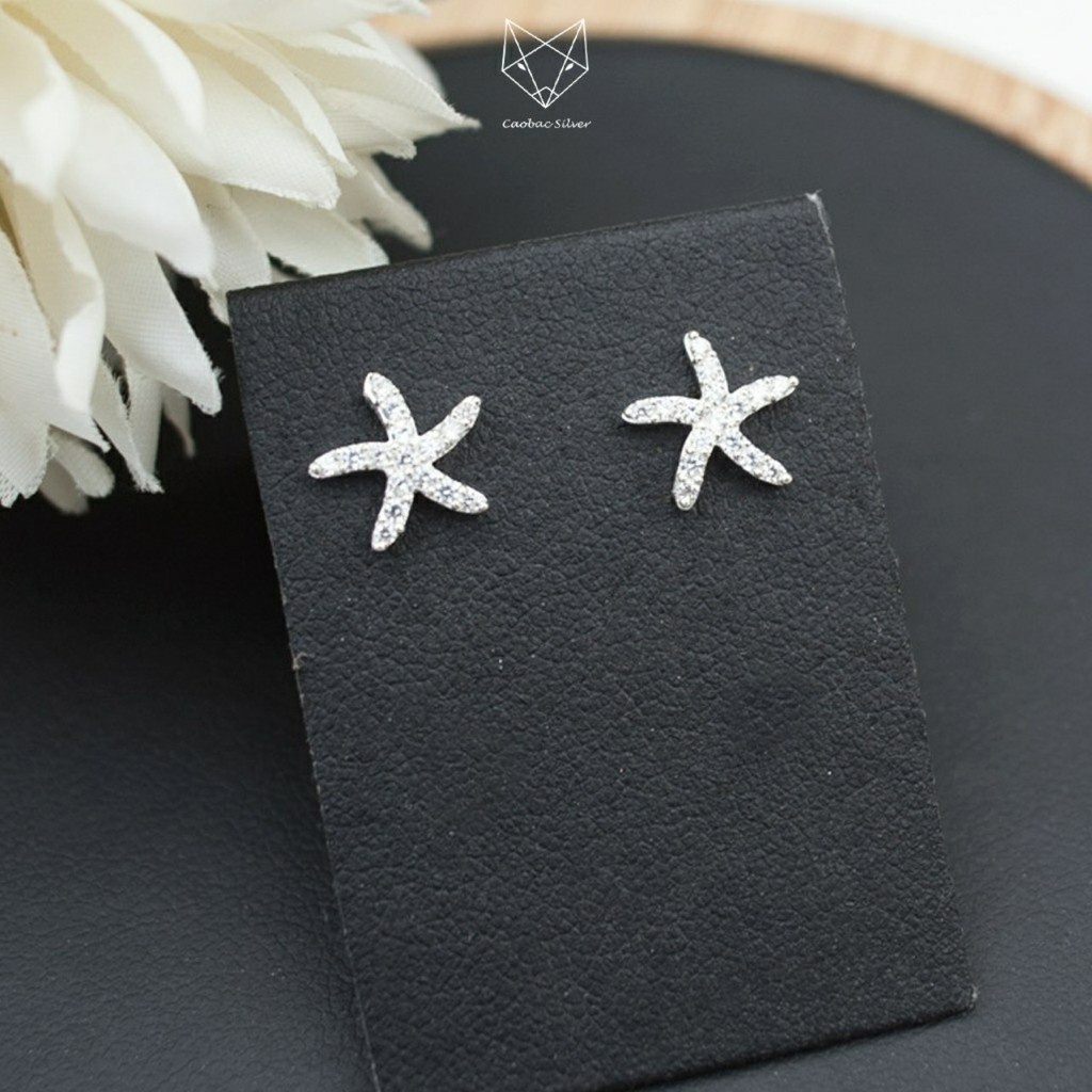 Khuyên Tai Bạc Nữ S925 CaoBac Silver Sao Biển Đính Đá Phong Các Đơn Giản  - Trang Sức Cáo Bạc JEWELLERY