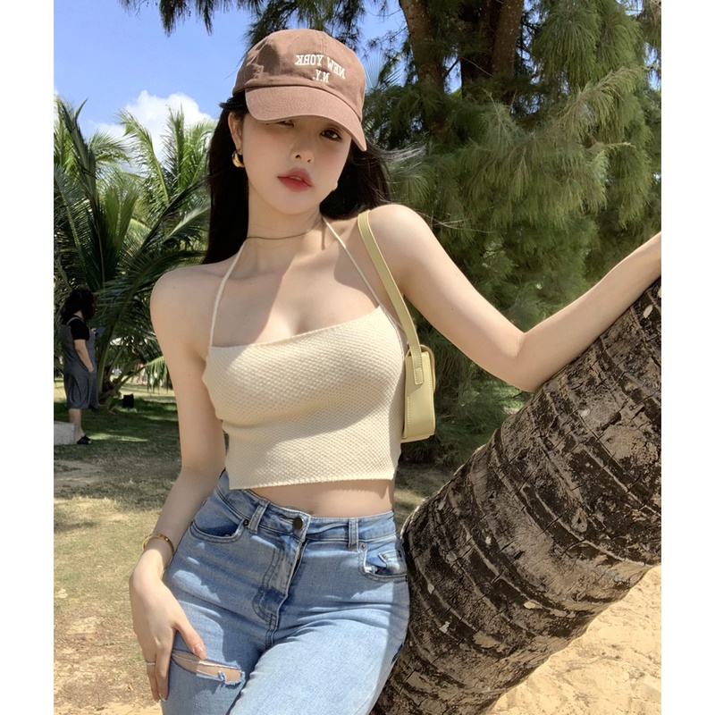 QKOOLE  Áo Croptop Hai Dây Hở Lưng Ôm Dáng Phong Cách Hàn Quốc