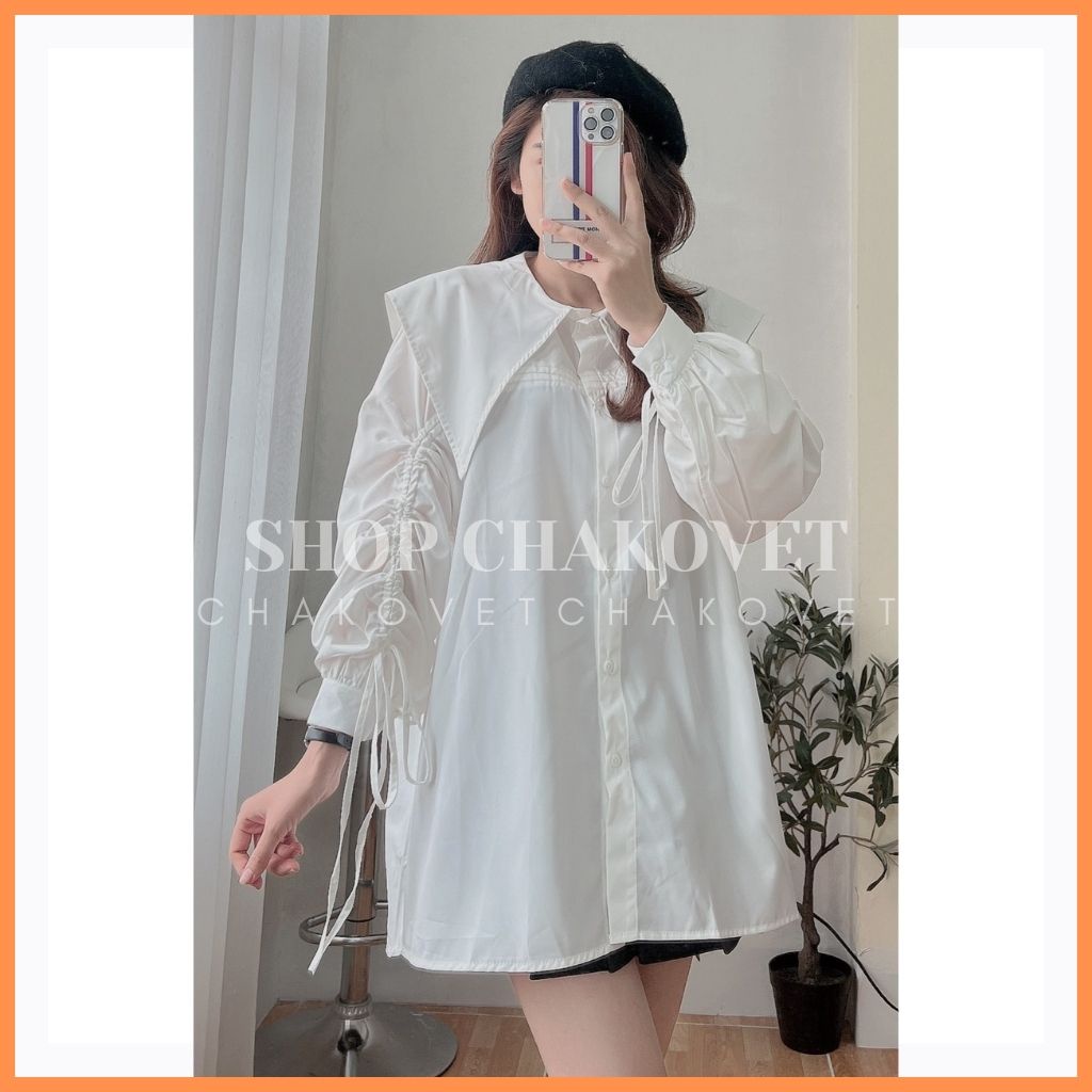 Áo sơ mi trắng nữ kiểu bánh bèo cổ nhọn tay phồng A8145 kiểu áo nữ rút tay buộc nơ cá tính tôn dáng đẹp da freesize&lt;65kg