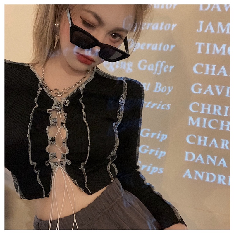 SUXI Áo Thun Tay Dài Cổ Chữ V Dáng Ôm Quyến Rũ Trẻ Trung Phong Cách Vintage