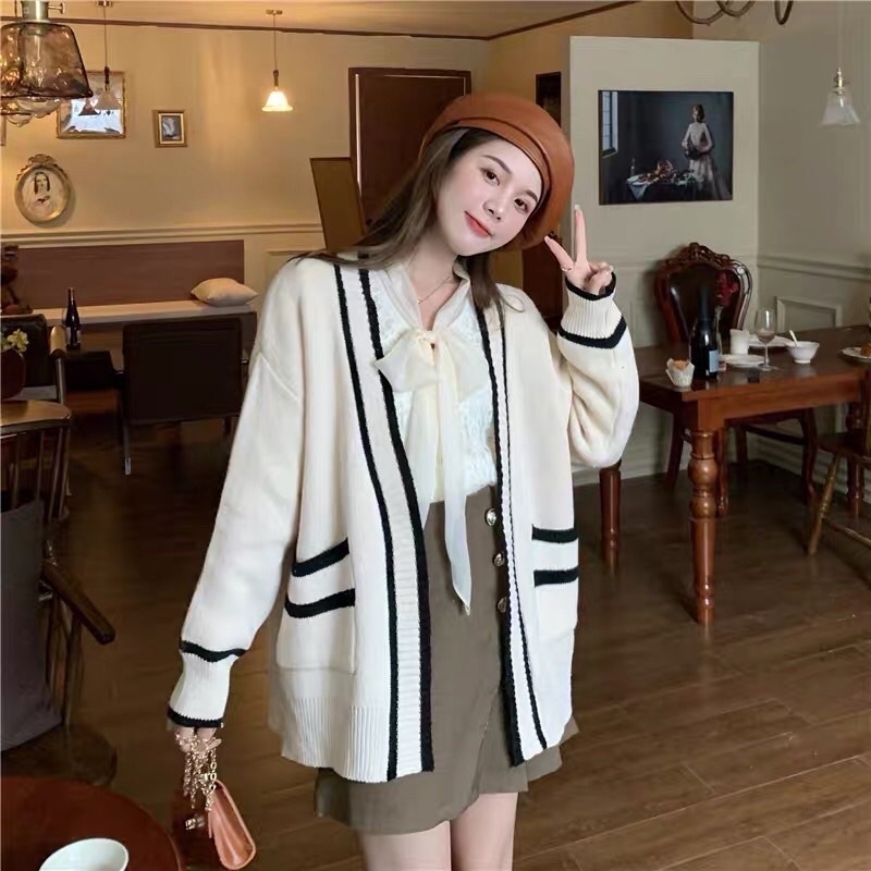 Áo cardigan len khoác ngoài viền đen trắng kiểu mới Quảng Châu