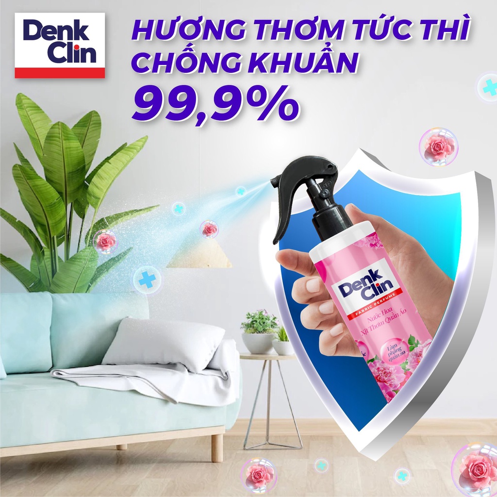 Xịt thơm quần áo xả vải khô Denkclin 200ml lưu hương lâu làm mềm vải không gây kích ứng da