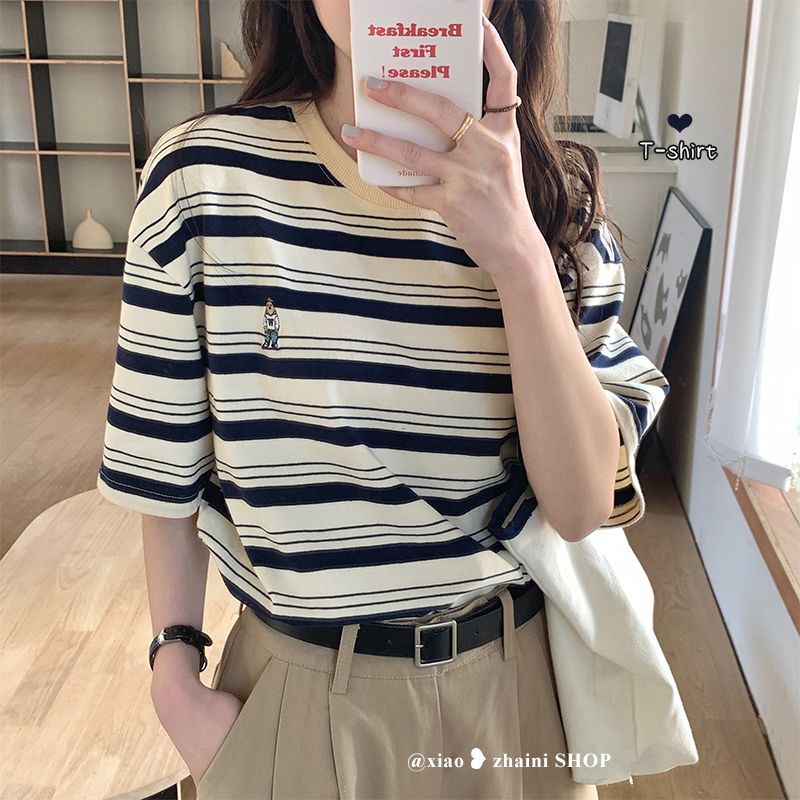 Áo Thun Cộc Tay Cổ Tròn Kẻ Sọc Ngang Dáng Rộng Phong Cách Hàn Quốc Cho Nữ JL-TX-512