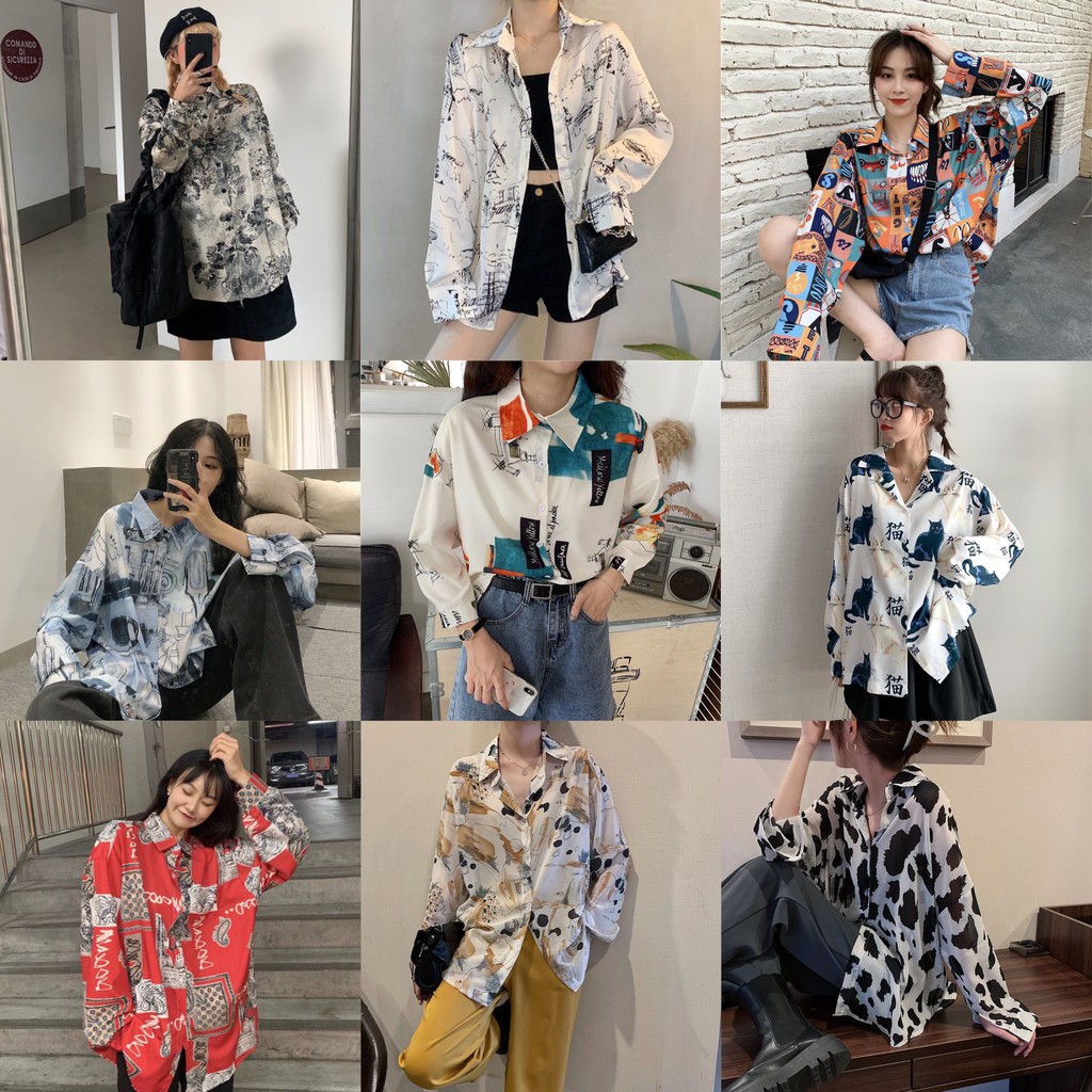 LEEVA - Áo sơ mi dài tay họa tiết mới lạ phong cách unisex