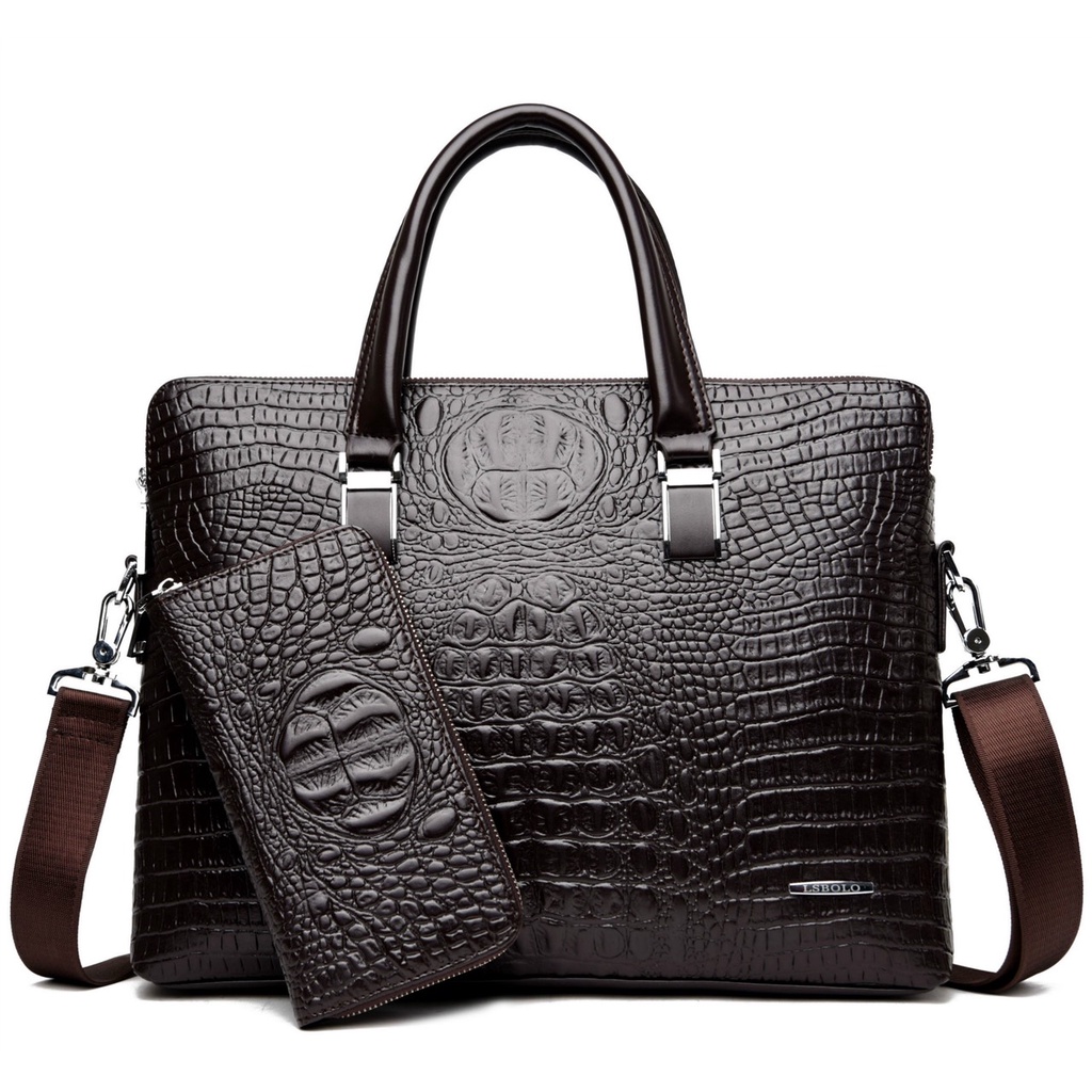 Túi xách cặp da công sở T85 39x28x8cm dập vân cá sấu tặng ví dài (Nâu-Đen) | BigBuy360 - bigbuy360.vn