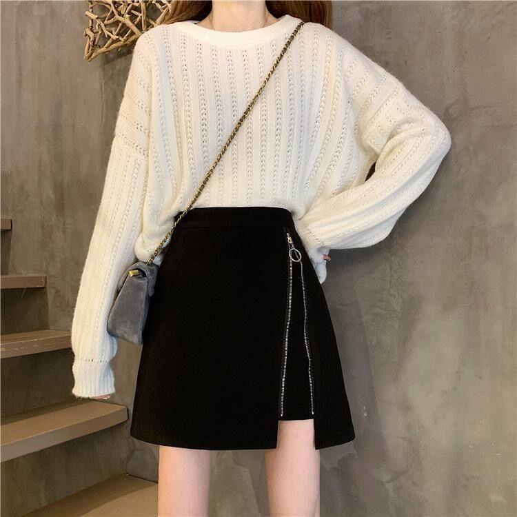 Chân váy chữ A lưng cao màu đen phong cách thu đông thời trang cho nữ