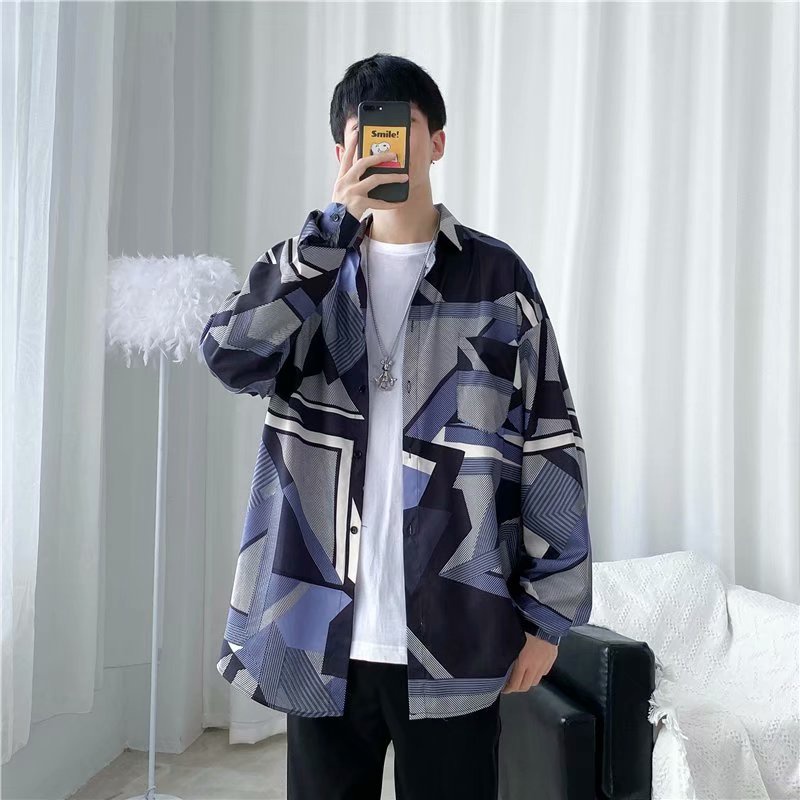 Áo Sơ Mi Tay Dài Dáng Rộng In Họa Tiết Thời Trang Hàn Quốc Cho Nam Size M-3Xl