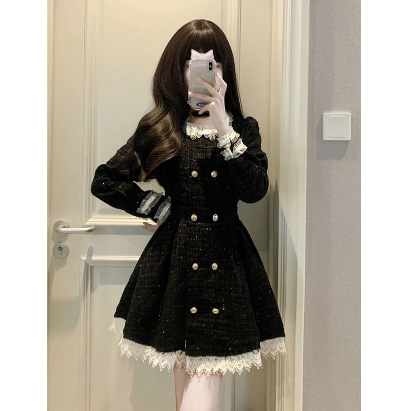 Xiaoxiang style socialite splicing color double-breasted long-sleeved dress skirt autumn new style fashion short skirt women's dress