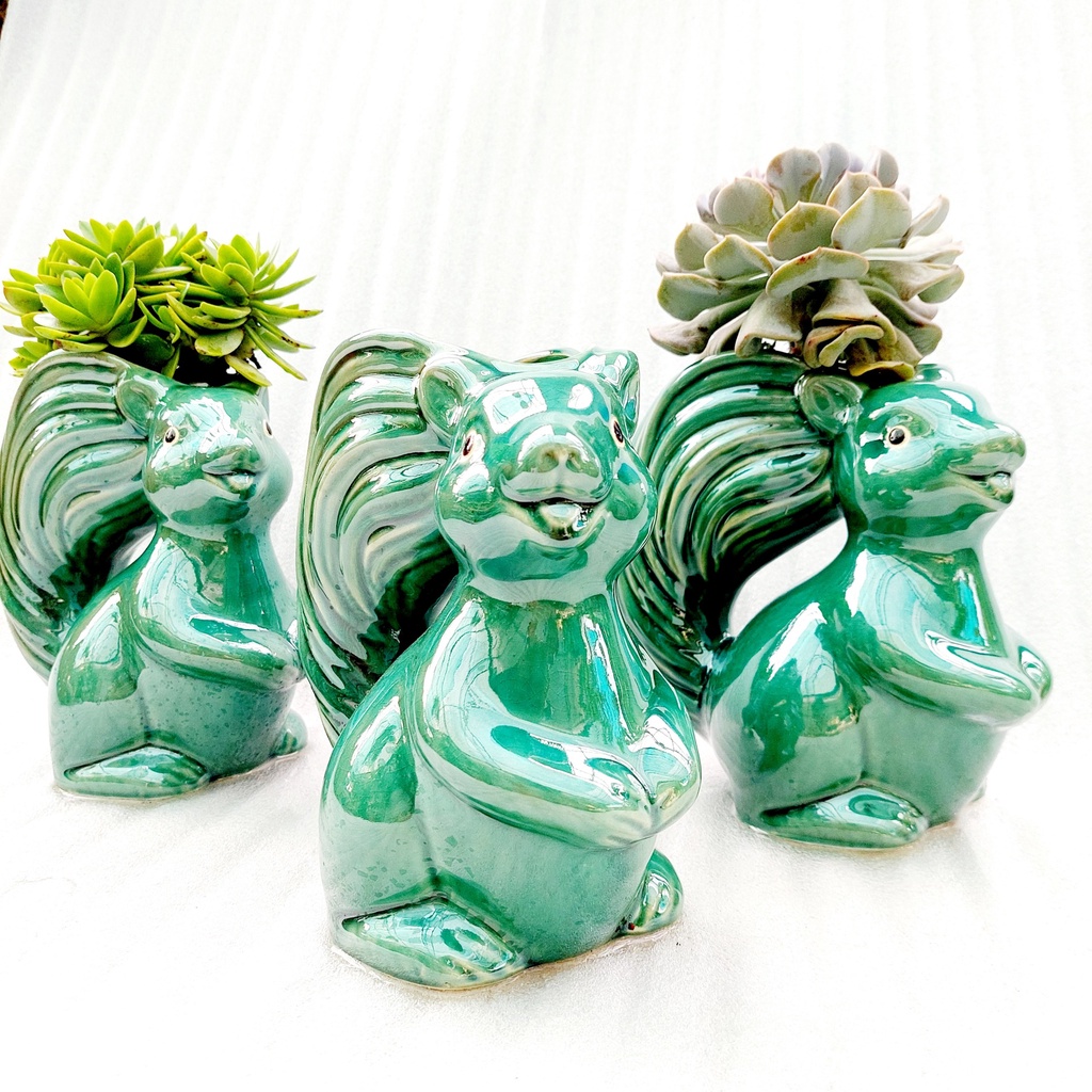 Chậu men, Chậu sen đá - Sóc tinh nghịch, miệng chậu (dọc 11cm, ngang 9cm), chiều cao 20cm