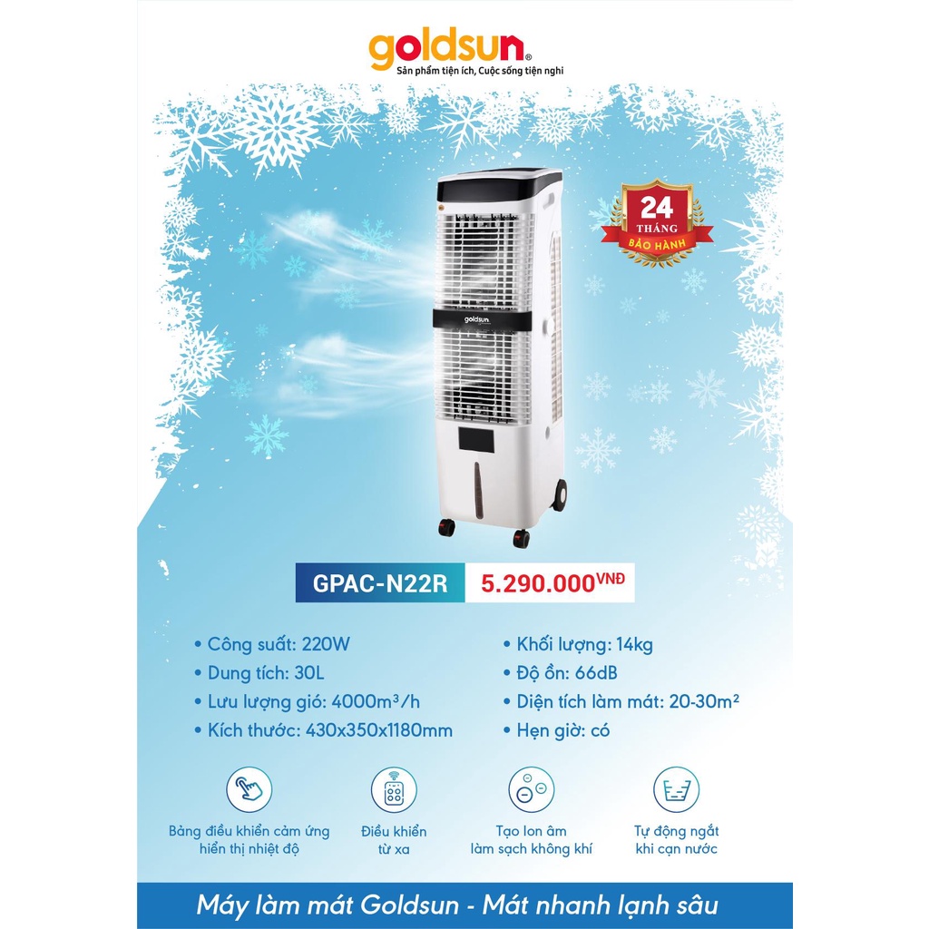 Quạt Điều Hòa Làm Mát Bằng Hơi Nước GOLDSUN GPAC-N22R, Dung Tích 30L